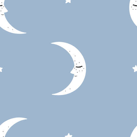 Vector seamless pattern with white Moon with closed eyes in vintage styleのイラスト素材