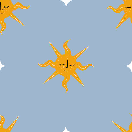 Vector seamless pattern with Sun with closed eyes in vintage styleのイラスト素材
