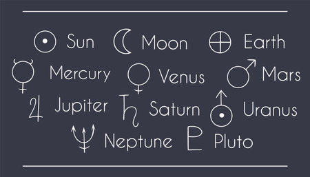 Hand drawn planet symbols from alchemy in white, isolated on dark sky backgroundのイラスト素材