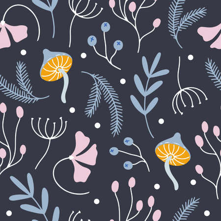 Vector seamless pattern with magical dried herbs, flowers and mushroomsのイラスト素材