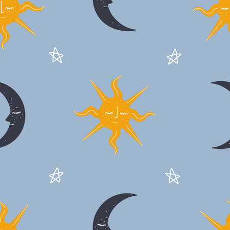Vector seamless pattern with Sun, Moon and stars minimalistic magic blue backgroundのイラスト素材