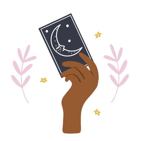 Hand holding tarot card with Moon symbol vector illustrationのイラスト素材