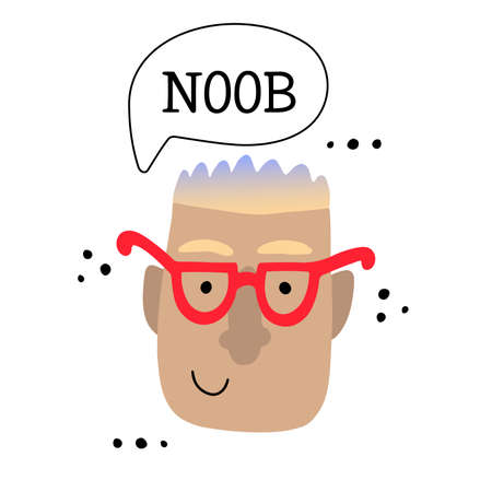Young boy with gradient hair in red funky glasses and message cloud with text Noob isolated vector illustrationのイラスト素材