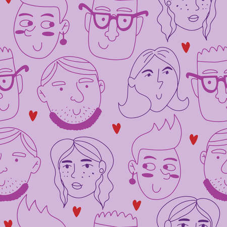 Vector seamless pattern with different faces of teenagers in purple coloringのイラスト素材