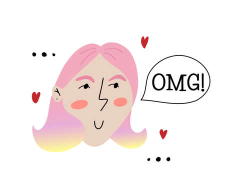 Young teenage girl with stylish pink gradient hair color and message cloud with text OMG isolated vector illustrationのイラスト素材
