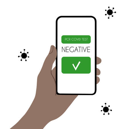Hand holding smartphone with negative covid  pcr test, isolated on white background vector illustrationのイラスト素材