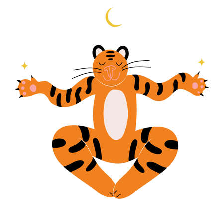 Cute meditating tiger with closed eyes, balance pose with moon and starsのイラスト素材