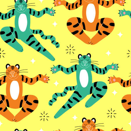 Vector seamless pattern with cute happy tigers, symbol of 2022 on a yellow backgroundのイラスト素材