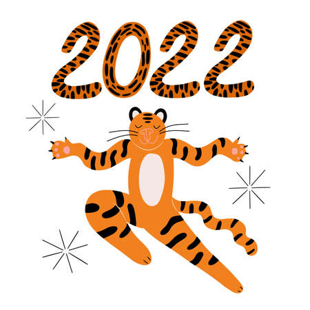 Cute dancing doodle style tiger, symbol of new 2022 year, celebration calendar card vector illustrationのイラスト素材