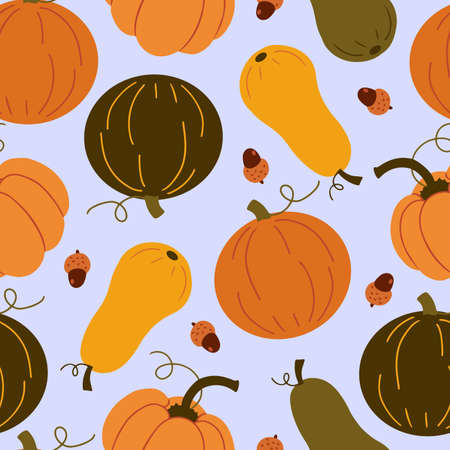 Vector seamless pattern with cute doodle pumpkins and acornsのイラスト素材