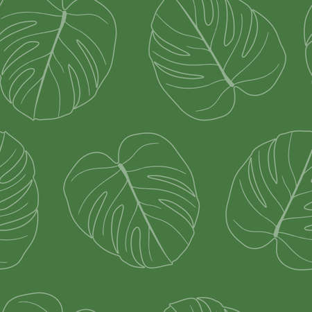 Vector seamless pattern with linear monstera palm leaves on a green backgroundのイラスト素材