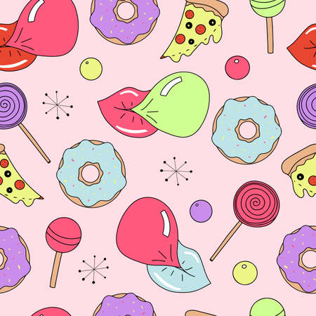 Vector seamless pattern with candy, sweets and food from the 80-s and 90-s in flat outlined styleのイラスト素材