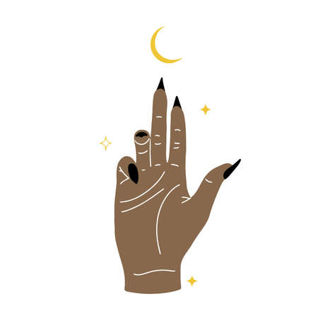 Woman hand worshiping the moon and stars, esoteric vector illustrationのイラスト素材