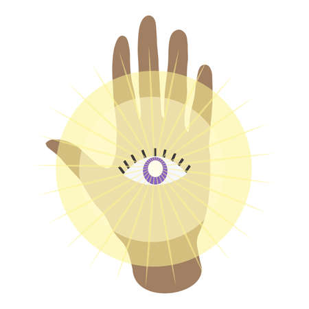 Human hand with eye on palm, predicting and seeing future, concept of sacred sign isolated vector illustration in flat styleのイラスト素材