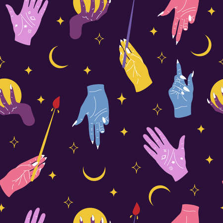 Vector seamless pattern with magic esoteric hands, crescent moon and stars, occult themedのイラスト素材