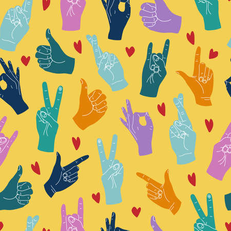 Vector seamless pattern with different positive  hand gestures and hearts on a bright yellow backgroundのイラスト素材