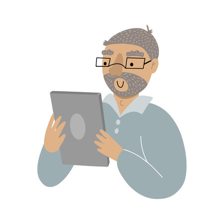Happy old man is looking at the tablets screen, surfing on internet and reading news, doodle vector illustrationのイラスト素材