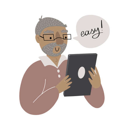 Happy old man is looking at the tablets screen, surfing on internet and reading news, doodle vector illustrationのイラスト素材