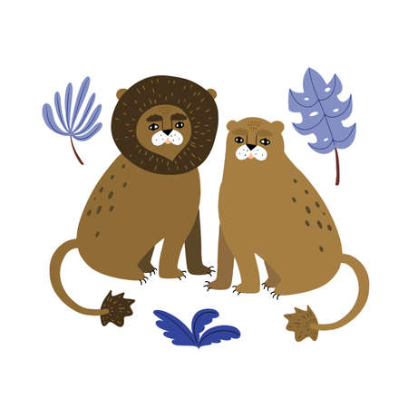 Cute doodle lion family, decorated with blue palm leaves vector illustrationのイラスト素材