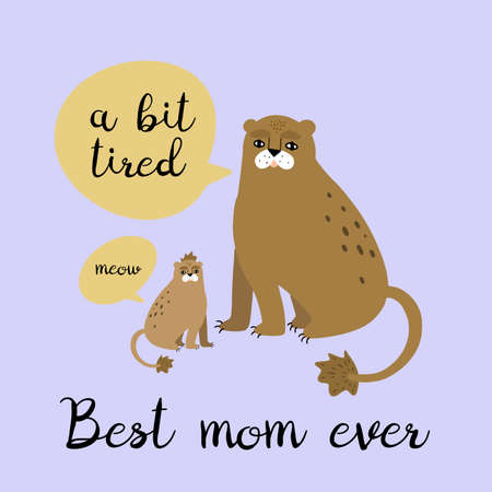 Funny greeting card for Mothers day - Best mom ever with doodle lion and lion cub vector illustrationのイラスト素材