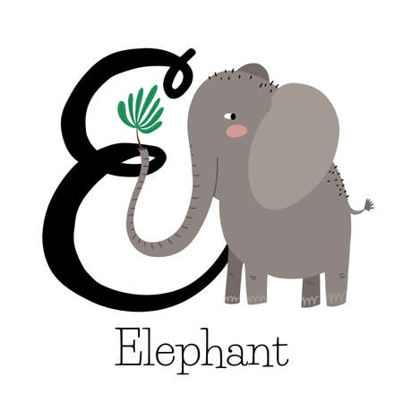 Capital letter E for elephant with leaf, childish alphabet with animals namesのイラスト素材