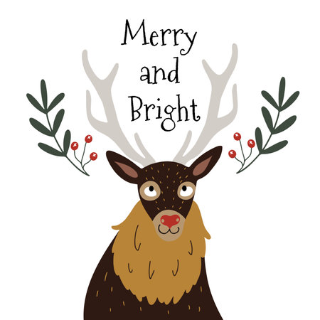 Cute doodle reindeer with red nose, lettering Merry and Bright, decorated with branches and berriesのイラスト素材
