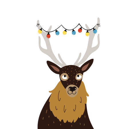 Cute doodle deer with Christmas light bulbs on his horns vector illustrationのイラスト素材