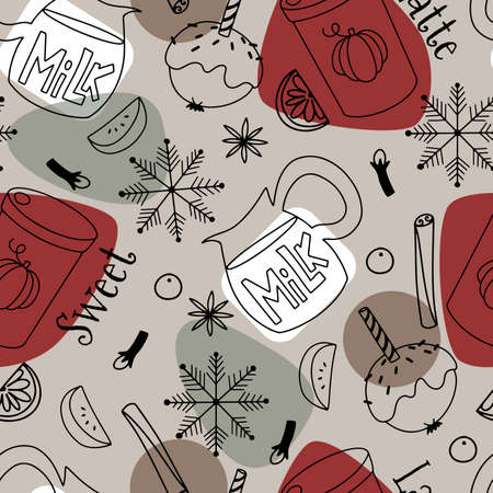 Vector seamless pattern with pumpkin spice latte, caramelized apples and spices contour seasonal doodlesのイラスト素材