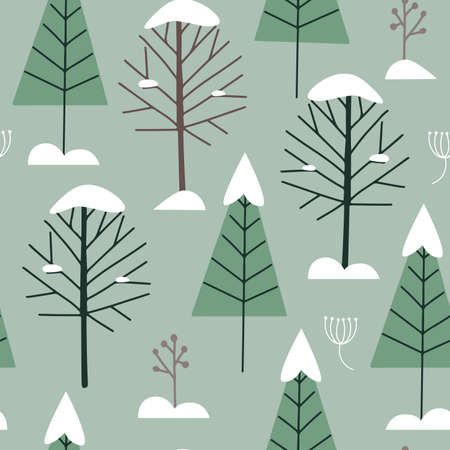 Vector seamless pattern with simple geometric winter forest trees covered with snowのイラスト素材