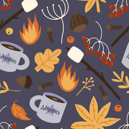 Vector seamless pattern with cute bonfire objects, mugs, leafs, marshmallows on sticksのイラスト素材