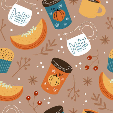 Vector seamless pattern with pumpkin spice latte, snow and winter berriesのイラスト素材