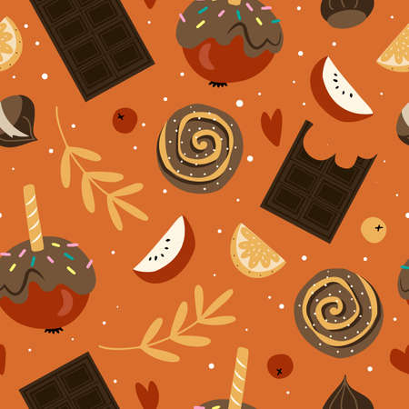 Vector seamless pattern with cold weather cozy sweets, caramelized apples, chocolate and cinnamon bunsのイラスト素材