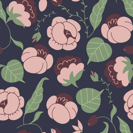 Vector seamless pattern with doodle peonies on blue backgroundのイラスト素材