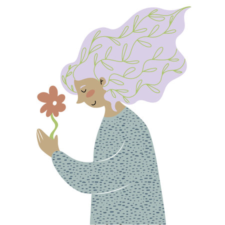 Woman with plants in her gray hair, holding a growing flower in her hands vector illustrationのイラスト素材