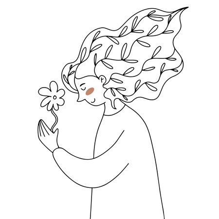 Woman with plants in hair, holding a growing flower in her hands  linear vector illustrationのイラスト素材