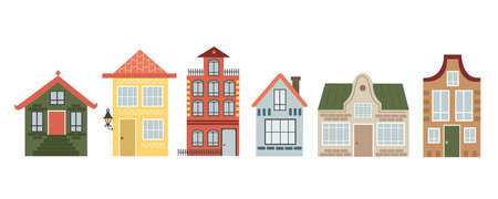 Set of houses with different design exterior in flat style vector illustrationのイラスト素材