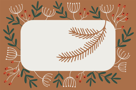 Vector banner template for advertising, cards and labels with warm brow background and plants and red berriesのイラスト素材