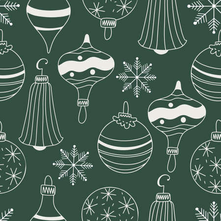 Vector seamless pattern with linear Christmas tree ornaments in linear style on green backgroundのイラスト素材