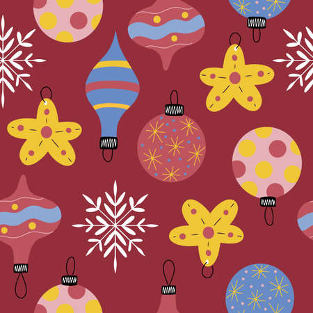 Vector seamless pattern with Christmas tree ornaments with snowflakesのイラスト素材