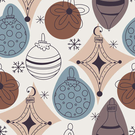 Vector seamless pattern with contour Christmas tree ornaments and snowflakes in mid century modern styleのイラスト素材