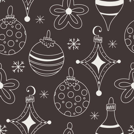 Vector seamless pattern with linear Christmas tree ornaments in linear style on brown backgroundのイラスト素材
