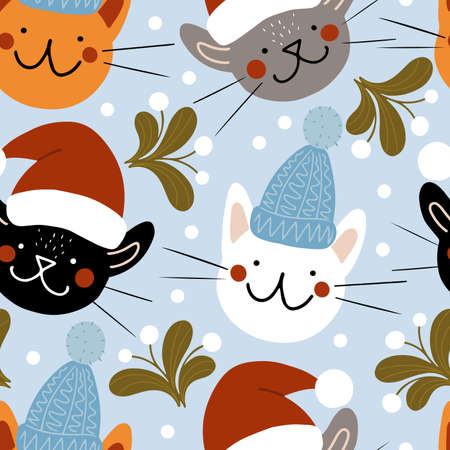 Vector seamless pattern with cute childish cat faces in warm wool hatsのイラスト素材