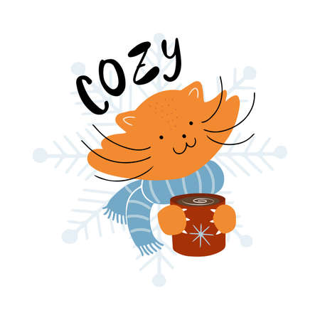 Cute cat in warm scarf, holding hot cocoa with lettering Cozy vector cardのイラスト素材
