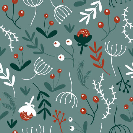 Vector seamless pattern with winter red berries, white branches and evergreen plants, Christmas season botanical print with mistletoeのイラスト素材