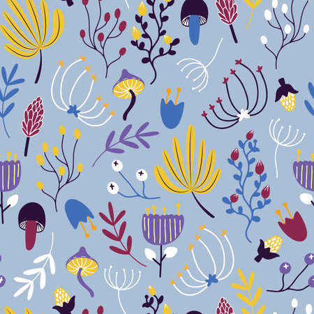 Vector seamless pattern with doodle style plants, mushrooms and flowersのイラスト素材