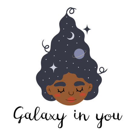 Smiling black girl with galaxy, moon and stars in her hair with text Galaxy in you, isolated vector illustrationのイラスト素材