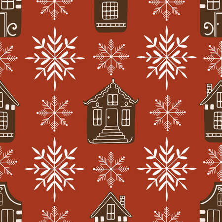 Vector seamless pattern with gingerbread houses and decorative snowflakes on festive red backgroundのイラスト素材