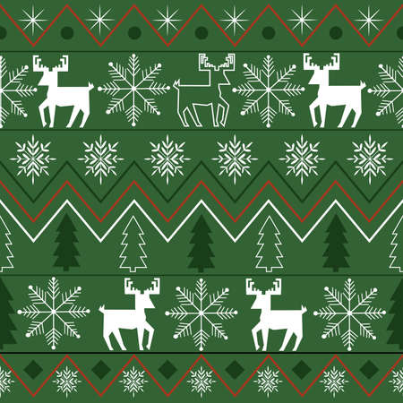 Vector seamless pattern with vintage deer, snowflakes and spruce trees motifのイラスト素材