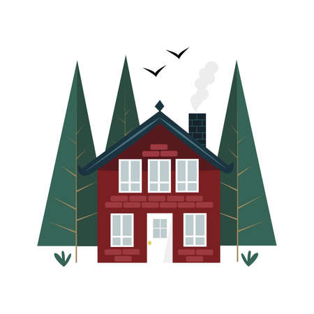 Cute north style Scandinavian house in the woods, flat style vector illustrationのイラスト素材