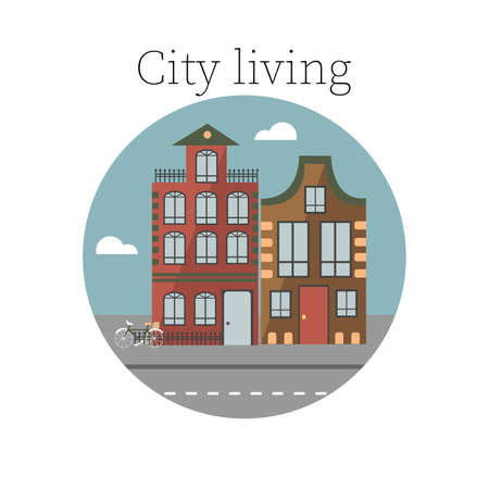 Circle icon with small cute townhouse with fruit trees and flowers, south style house, summerhouse, isolated flat vector illustrationのイラスト素材